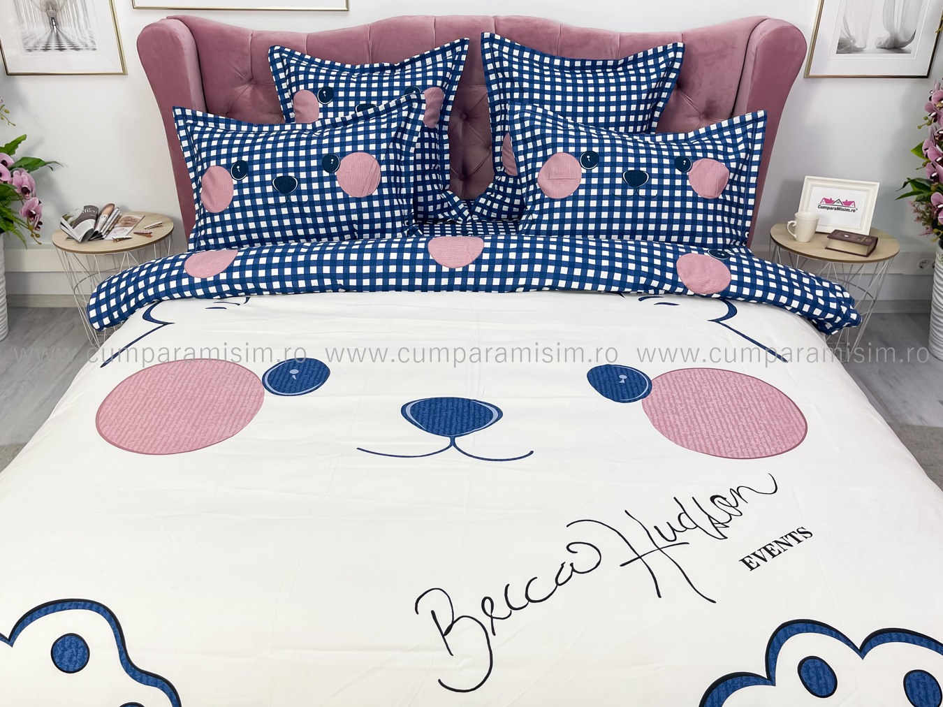 Lenjerie pat dublu,  FINET, Imprimeu Digital - Identic cu poza, 6 piese, Jojo Home, Crem-Bleu, ursulet - 2 | YEO