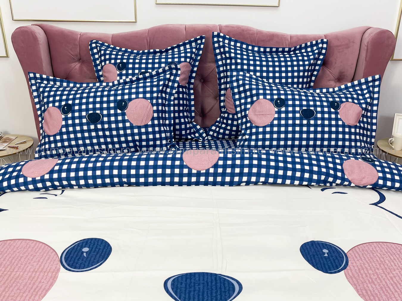 Lenjerie pat dublu,  FINET, Imprimeu Digital - Identic cu poza, 6 piese, Jojo Home, Crem-Bleu, ursulet - 3 | YEO