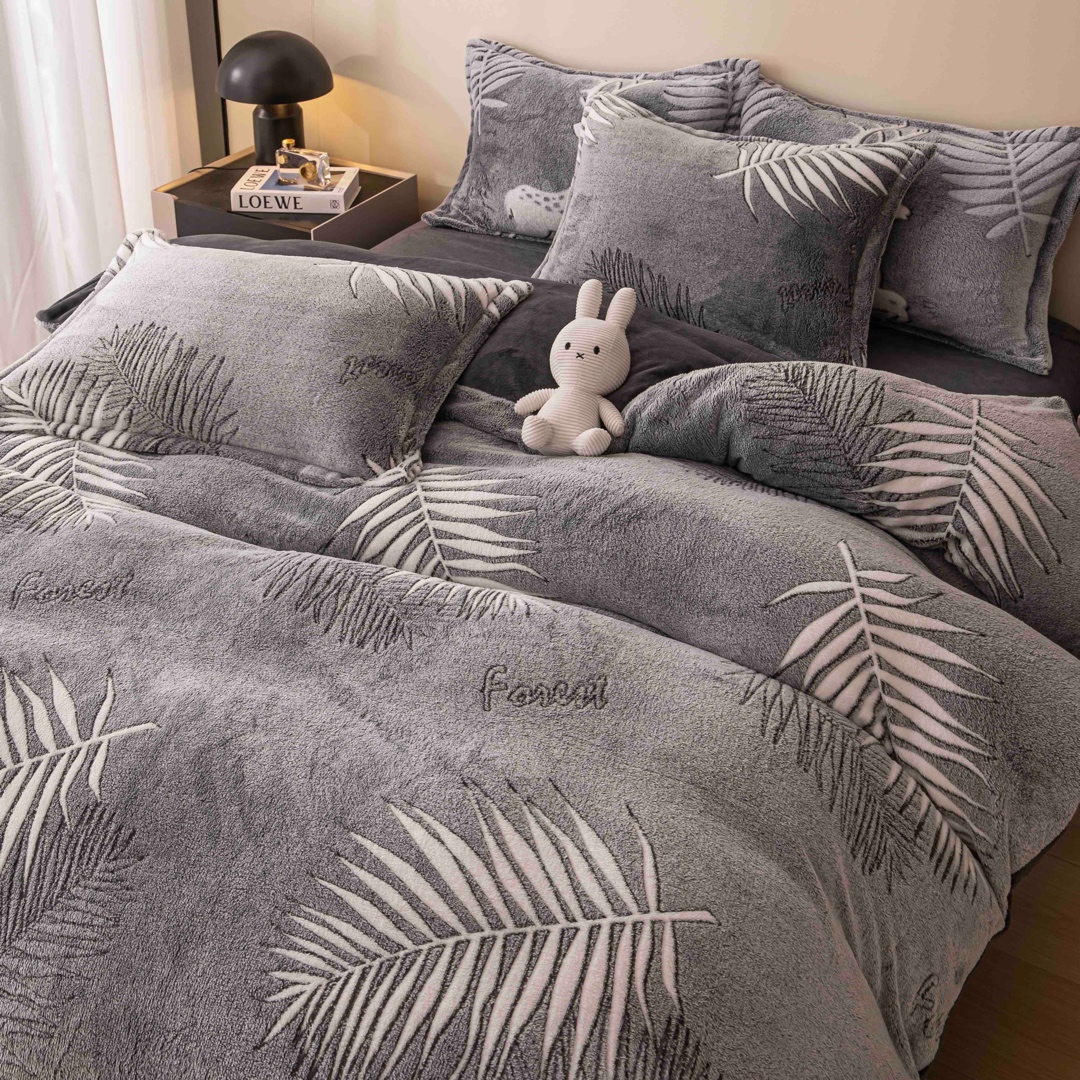Lenjerie pat dublu, Super Pufoasa COCOLINO,cu ELASTIC, 4 piese, Jojo Home, Gri, Frunze - 2 | YEO
