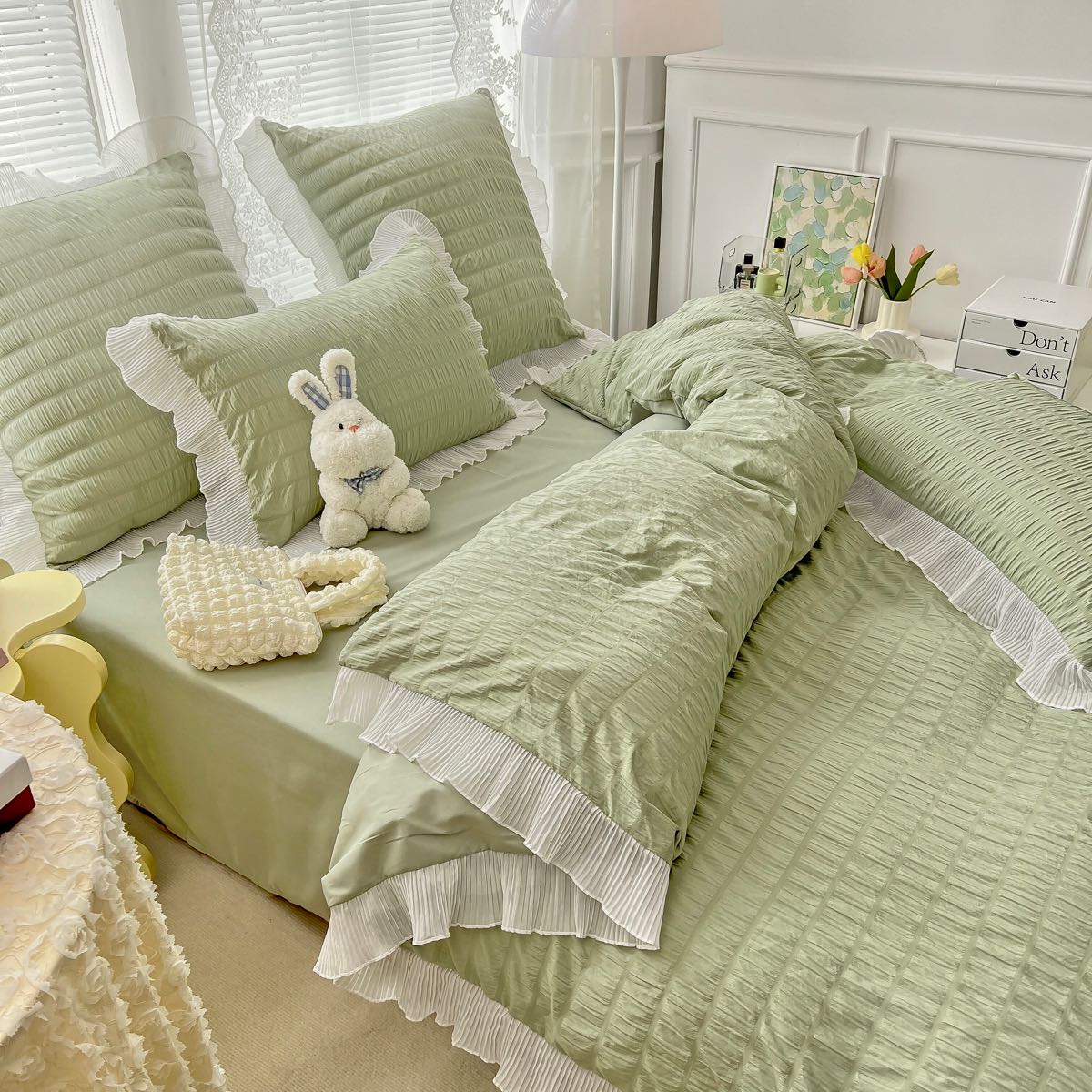 Lenjerie pat dublu,  Soft Touch CREPONAT DELUXE, 6 piese, Jojo Home, Verde - 1 | YEO