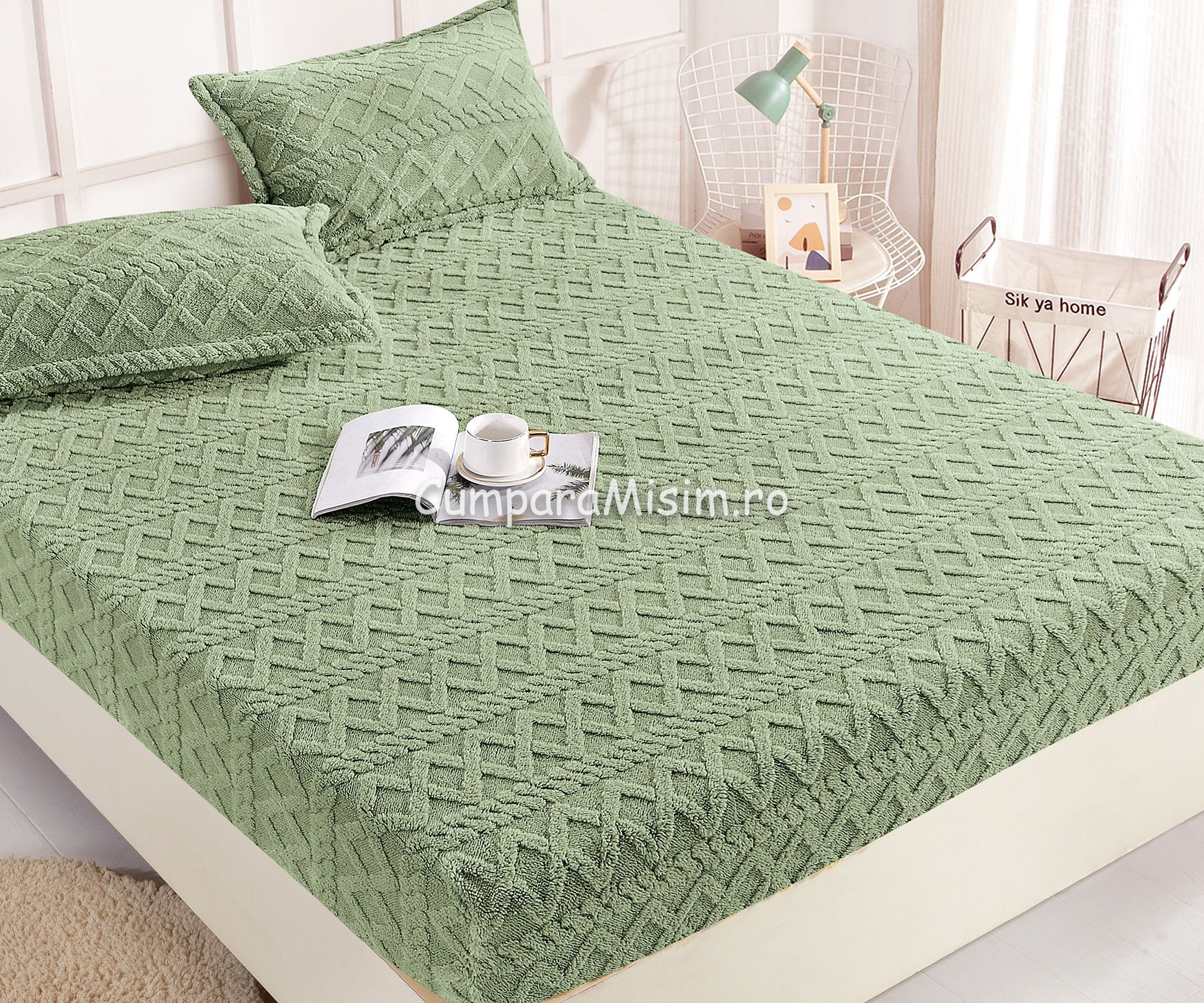 Cearsaf cu elastic COCOLINO, 180x200x25cm, 2 fete de perne, Jojo Home, model Tricotat, Verde - 3 | YEO