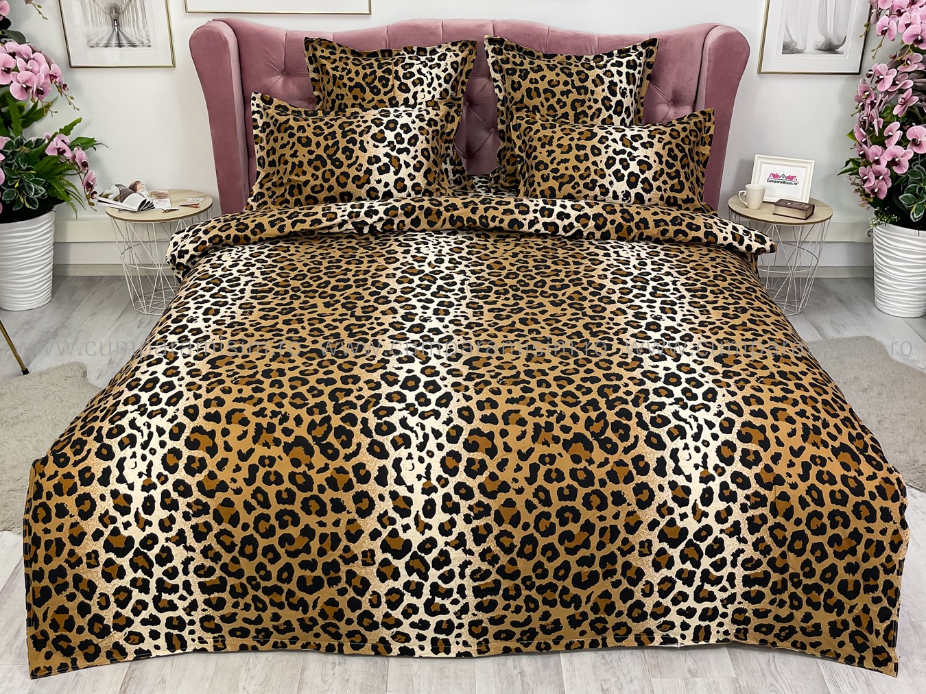 Lenjerie pat dublu,  FINET, 6 piese, cu ELASTIC, Jojo Home, Maro-Multicolor, animal print - 1 | YEO