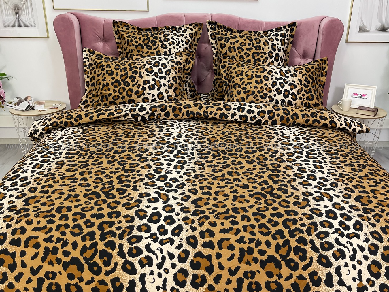 Lenjerie pat dublu,  FINET, 6 piese, cu ELASTIC, Jojo Home, Maro-Multicolor, animal print - 2 | YEO