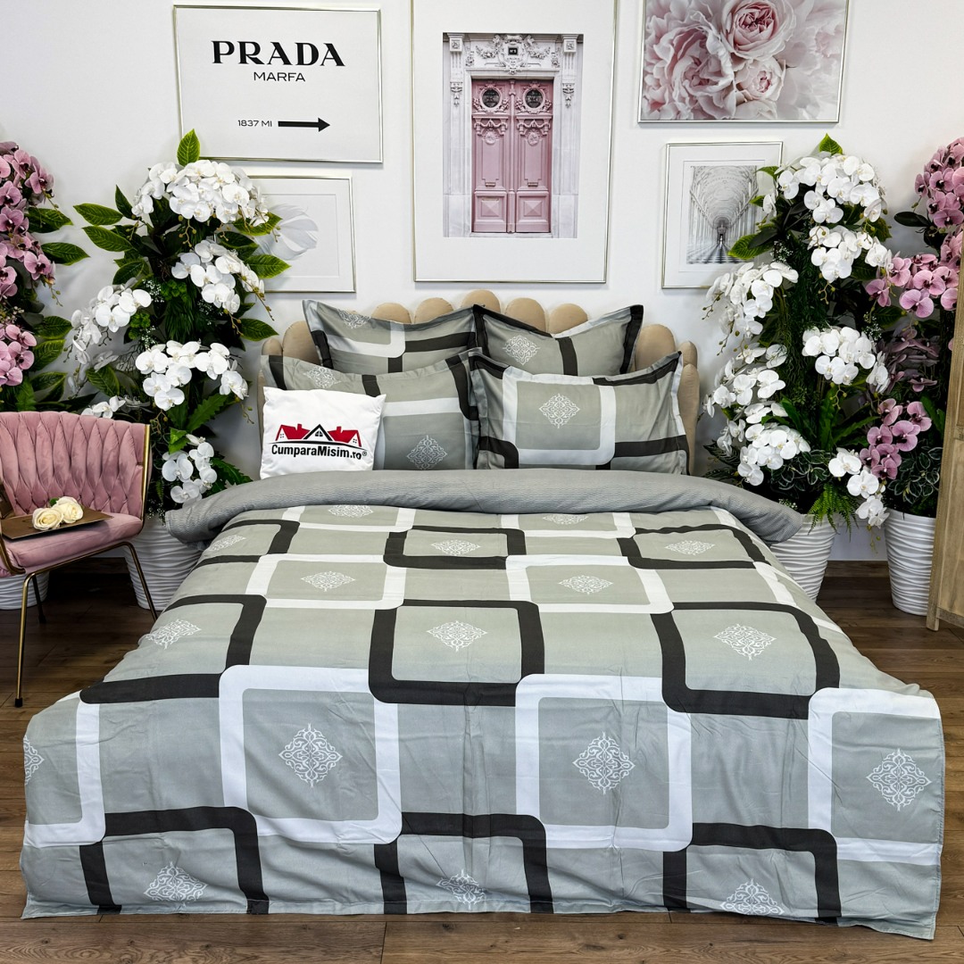 (OFERTA TRIO) Lenjerie pat dublu,  FINET, cu elastic, 6 piese, Gri, Forme Geometrice - 1 | YEO