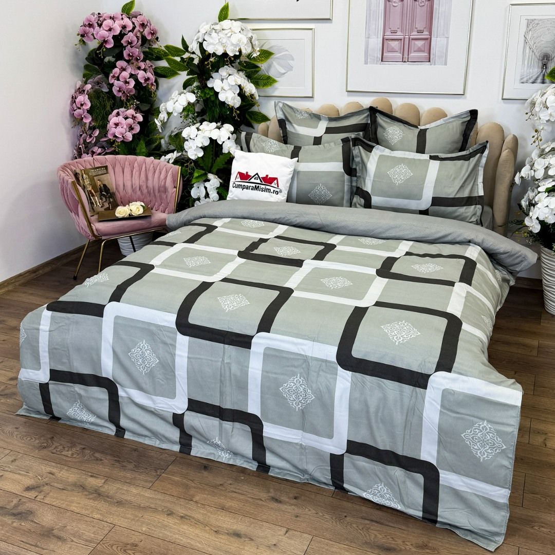 (OFERTA TRIO) Lenjerie pat dublu,  FINET, cu elastic, 6 piese, Gri, Forme Geometrice - 2 | YEO