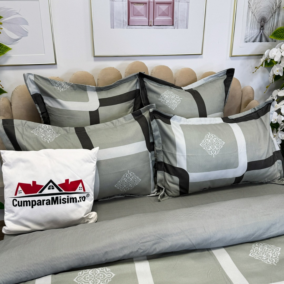 (OFERTA TRIO) Lenjerie pat dublu,  FINET, cu elastic, 6 piese, Gri, Forme Geometrice - 3 | YEO