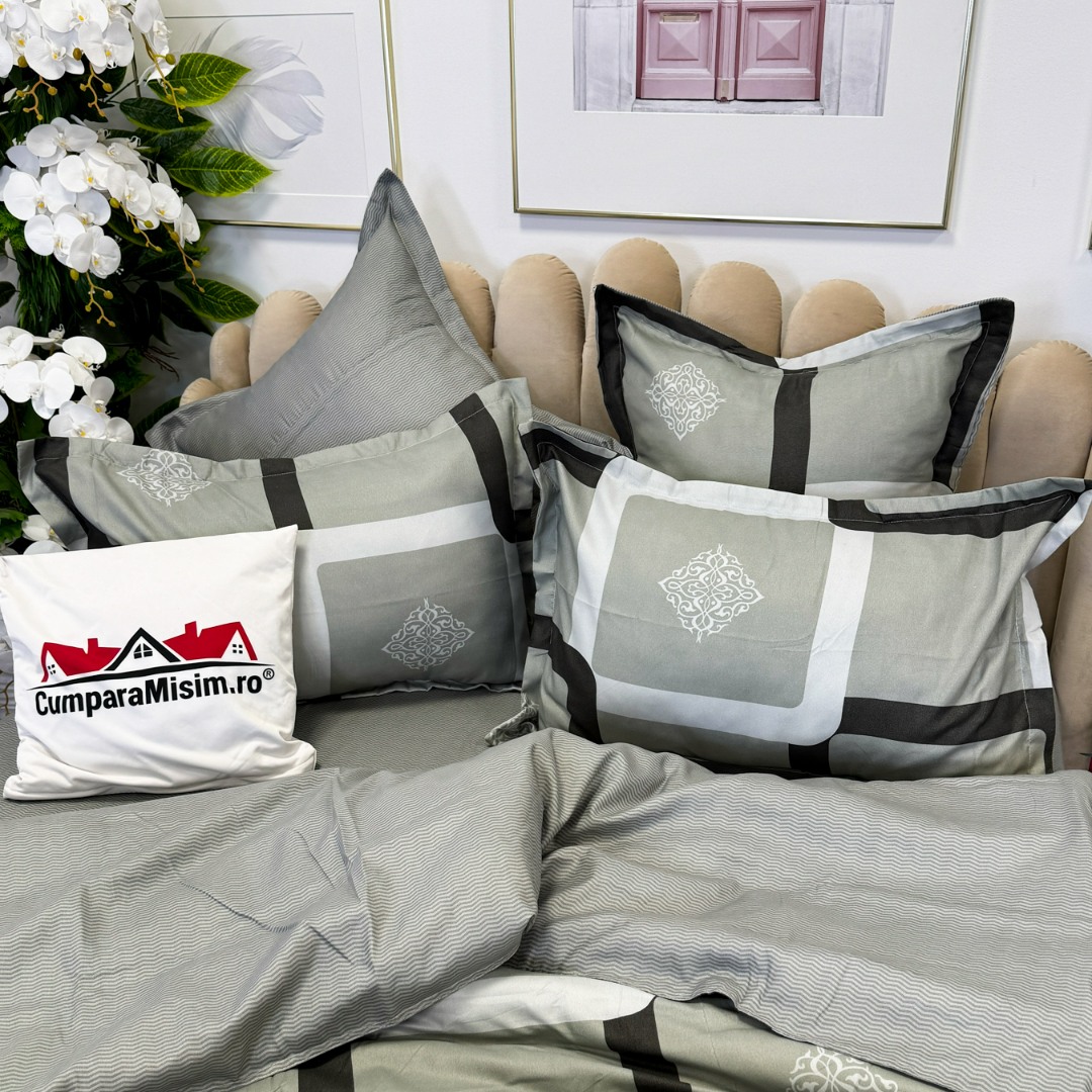 (OFERTA TRIO) Lenjerie pat dublu,  FINET, cu elastic, 6 piese, Gri, Forme Geometrice - 4 | YEO