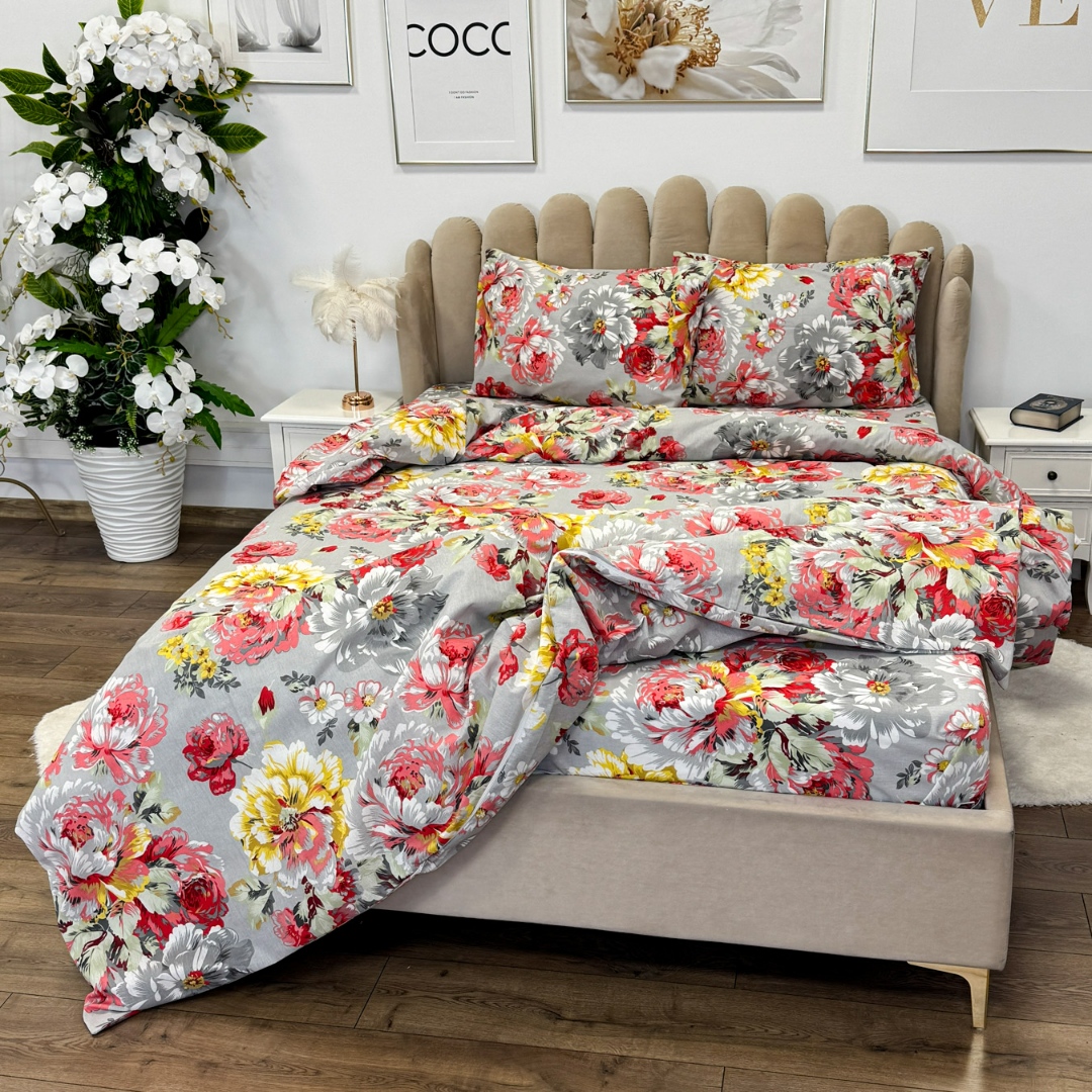 Poze Lenjerie de Pat Dublu, Policoton Ranforsat, 4 piese, Atelier Cumparamisim, Gri,flori cumparamisim.ro