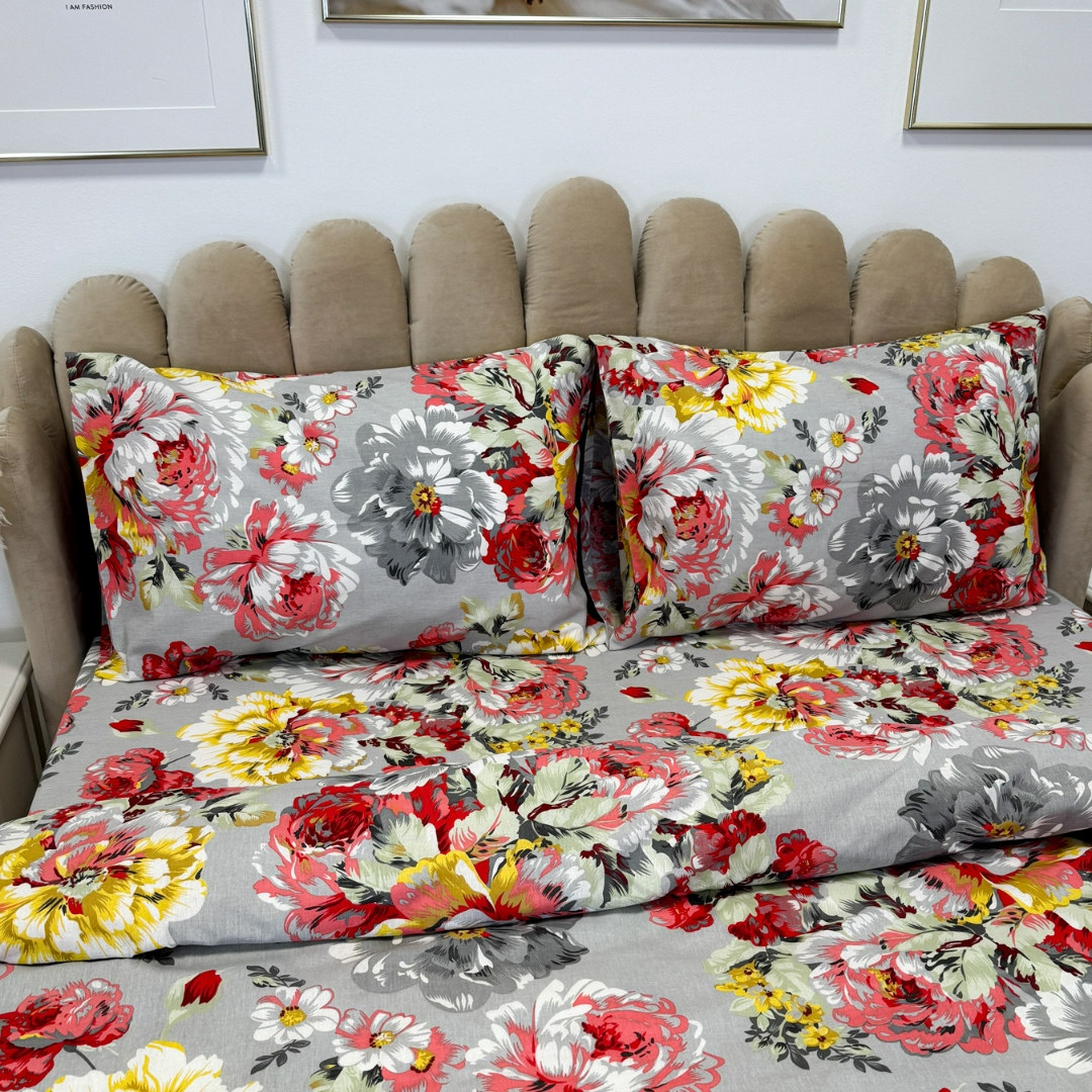 Poze Lenjerie de Pat Dublu, Policoton Ranforsat, 4 piese, Atelier Cumparamisim, Gri,flori cumparamisim.ro