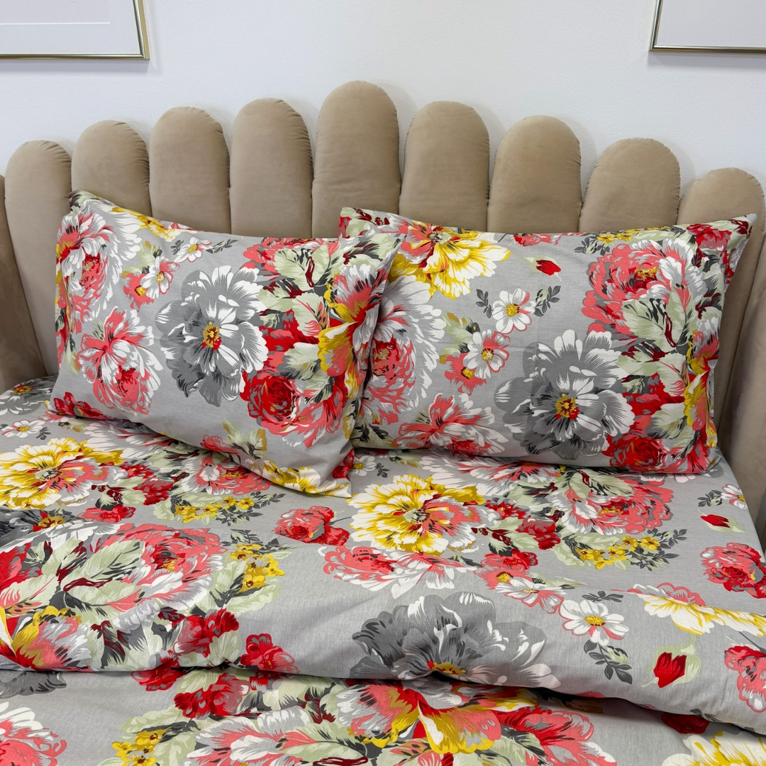 Poze Lenjerie de Pat Dublu, Policoton Ranforsat, 4 piese, Atelier Cumparamisim, Gri,flori cumparamisim.ro