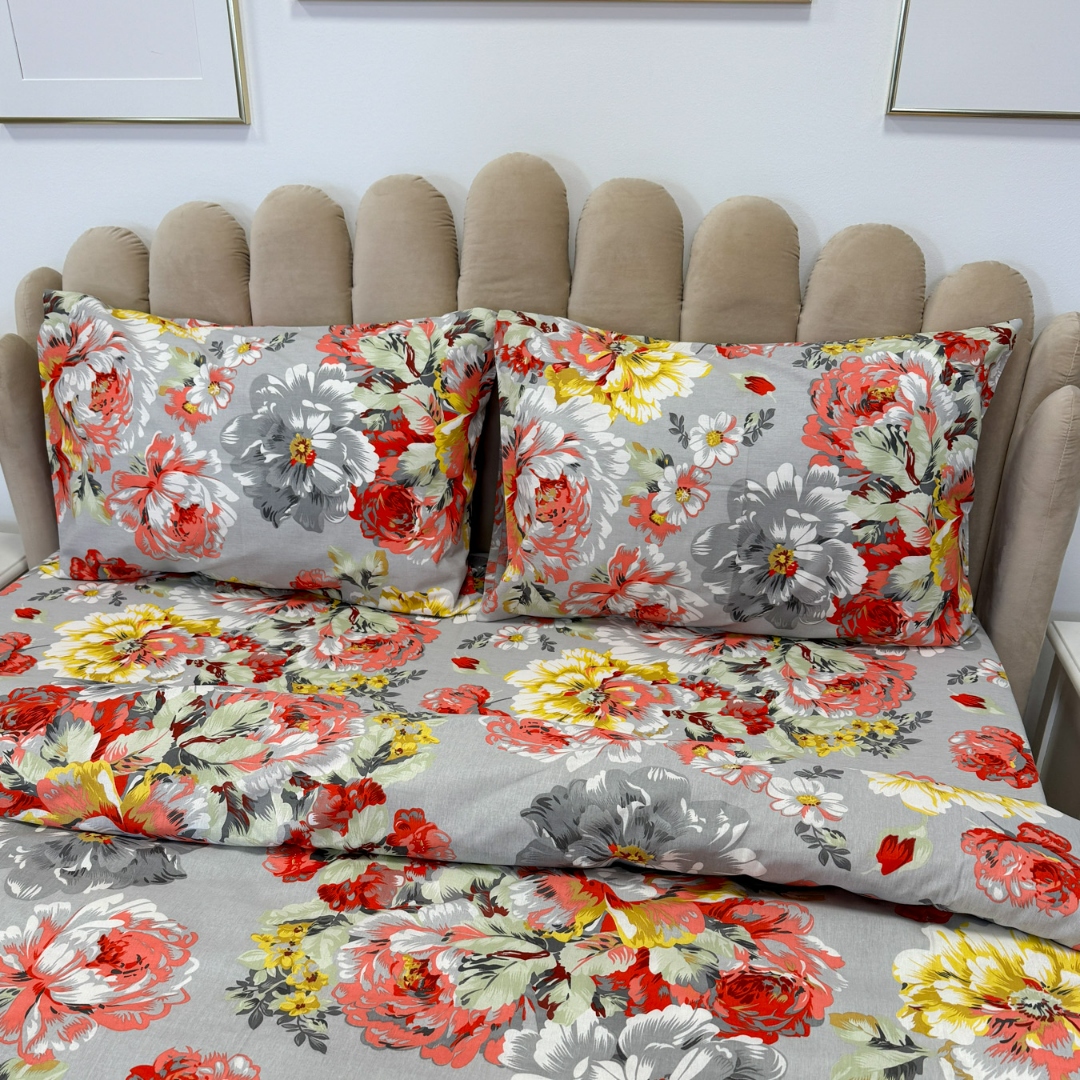 Poze Lenjerie de Pat Dublu, Policoton Ranforsat, 4 piese, Atelier Cumparamisim, Gri,flori cumparamisim.ro