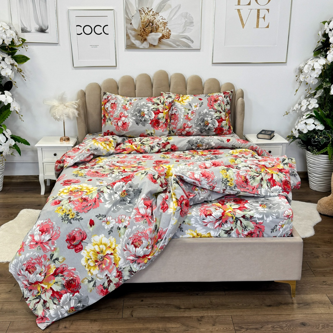 Poze Lenjerie de Pat Dublu, Policoton Ranforsat, 4 piese, Atelier Cumparamisim, Gri,flori cumparamisim.ro