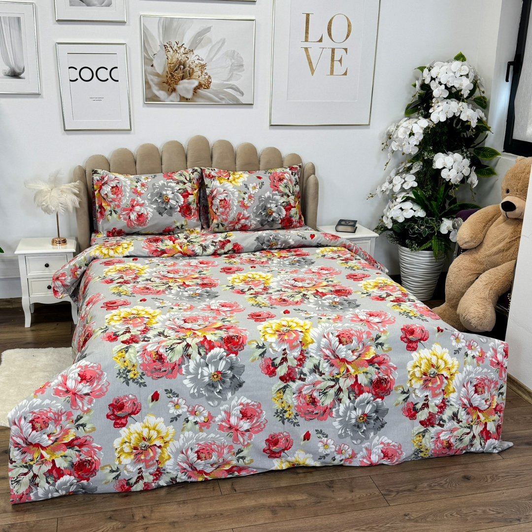 Poze Lenjerie de Pat Dublu, Policoton Ranforsat, 4 piese, Atelier Cumparamisim, Gri,flori cumparamisim.ro