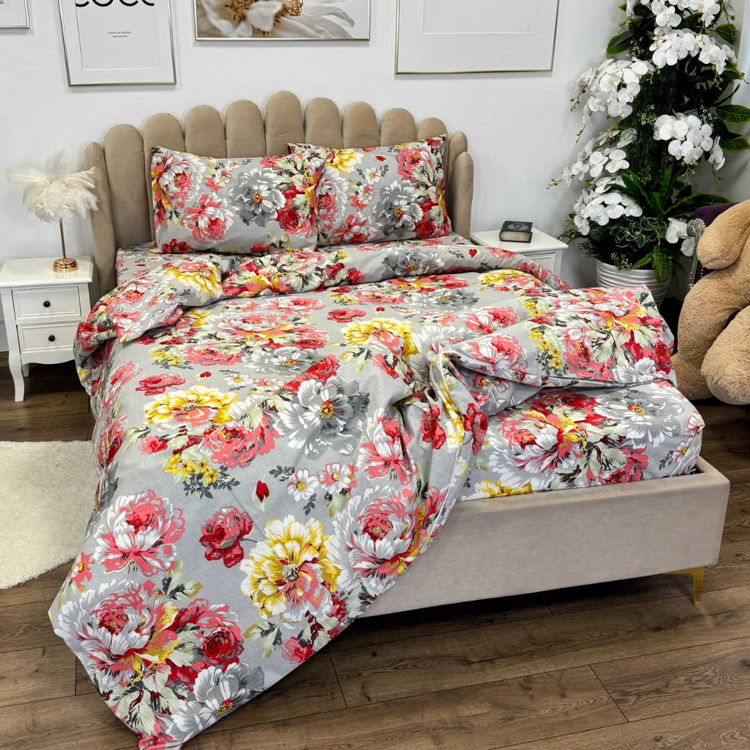 Poze Lenjerie de Pat Dublu, Policoton Ranforsat, 4 piese, Atelier Cumparamisim, Gri,flori cumparamisim.ro