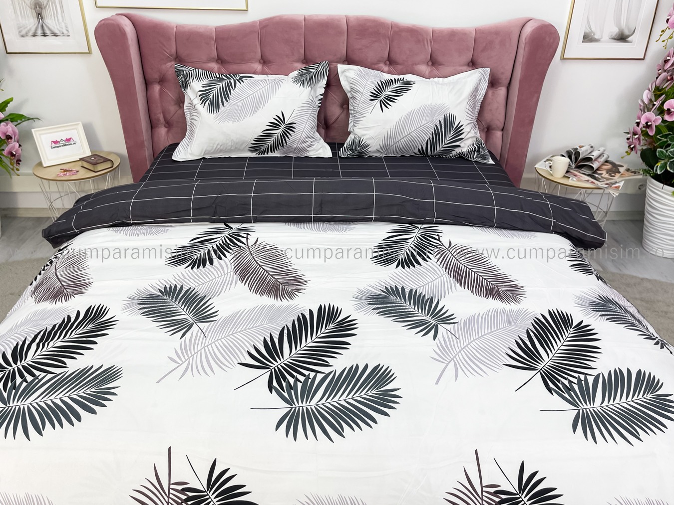 (OFERTA 3 la 199 Lei) Lenjerie pat dublu cu doua feţe, bumbac satinat, 4 piese,  Gri, frunze - 2 | YEO