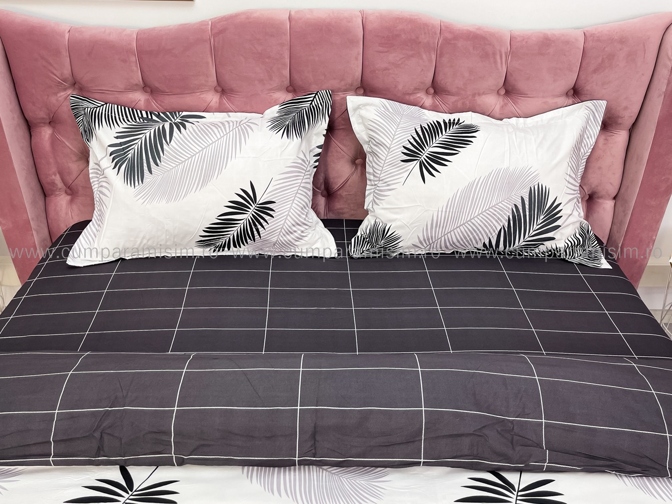 (OFERTA 3 la 199 Lei) Lenjerie pat dublu cu doua feţe, bumbac satinat, 4 piese,  Gri, frunze - 3 | YEO