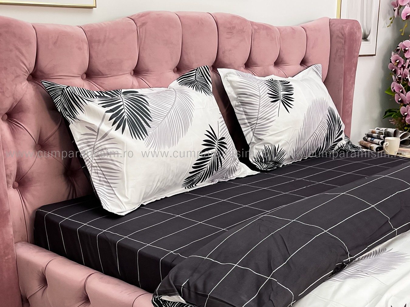 (OFERTA 3 la 199 Lei) Lenjerie pat dublu cu doua feţe, bumbac satinat, 4 piese,  Gri, frunze - 4 | YEO