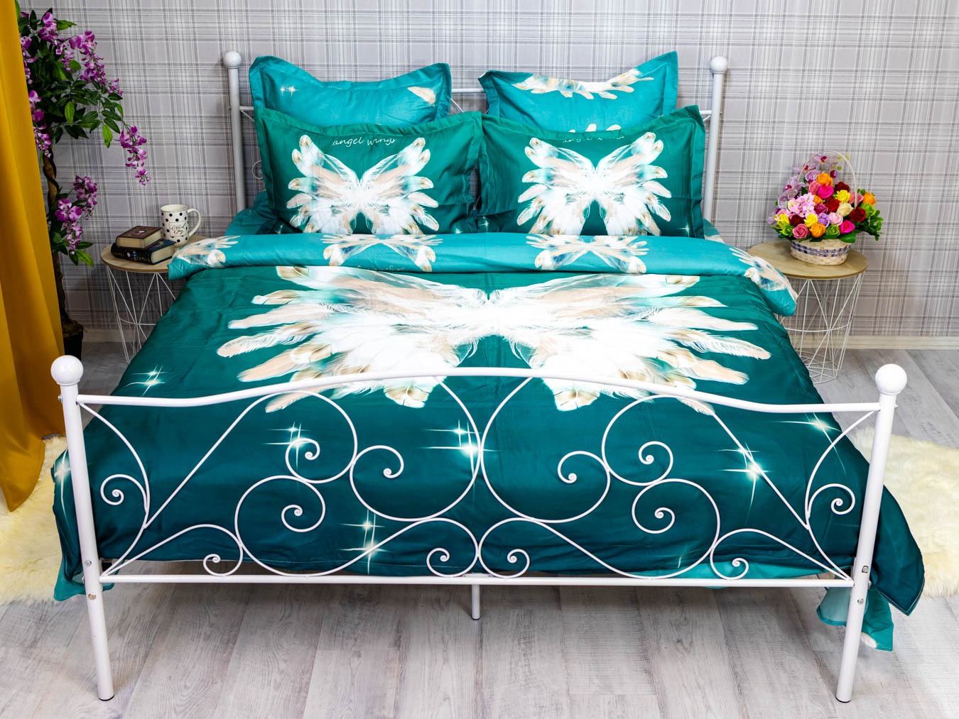 Lenjerie pat dublu,  FINET, 6 piese, IDENTICA CU POZA, Verde, aripi de inger - 1 | YEO