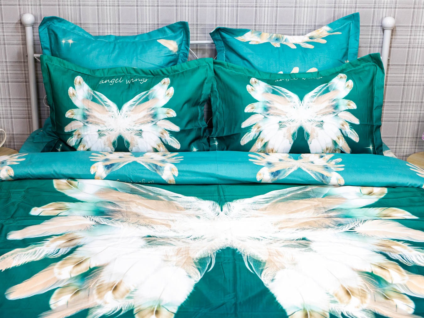 Lenjerie pat dublu,  FINET, 6 piese, IDENTICA CU POZA, Verde, aripi de inger - 3 | YEO
