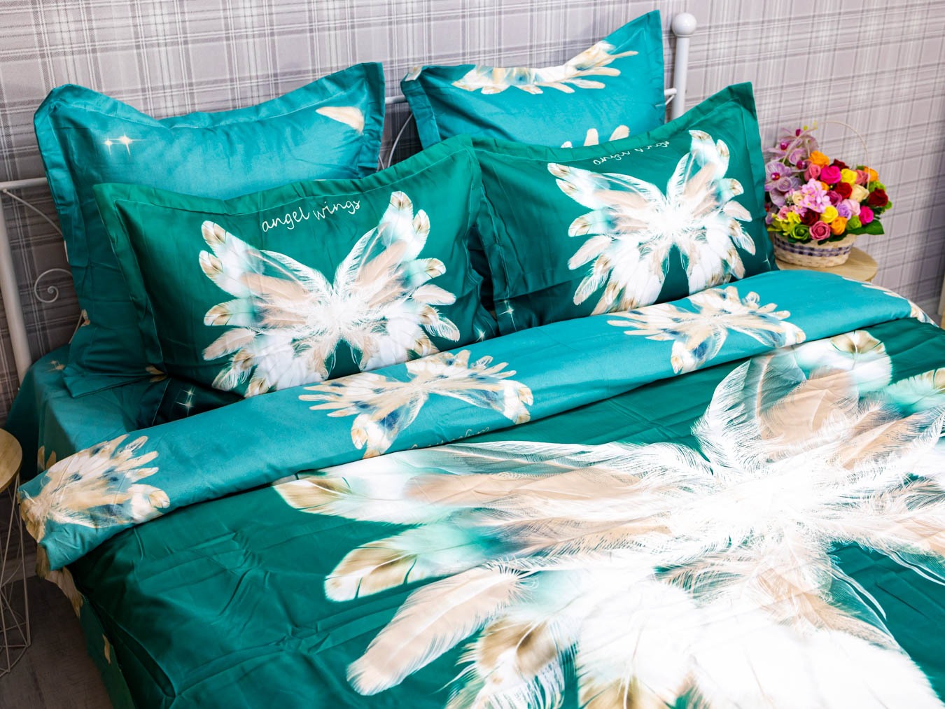 Lenjerie pat dublu,  FINET, 6 piese, IDENTICA CU POZA, Verde, aripi de inger - 4 | YEO