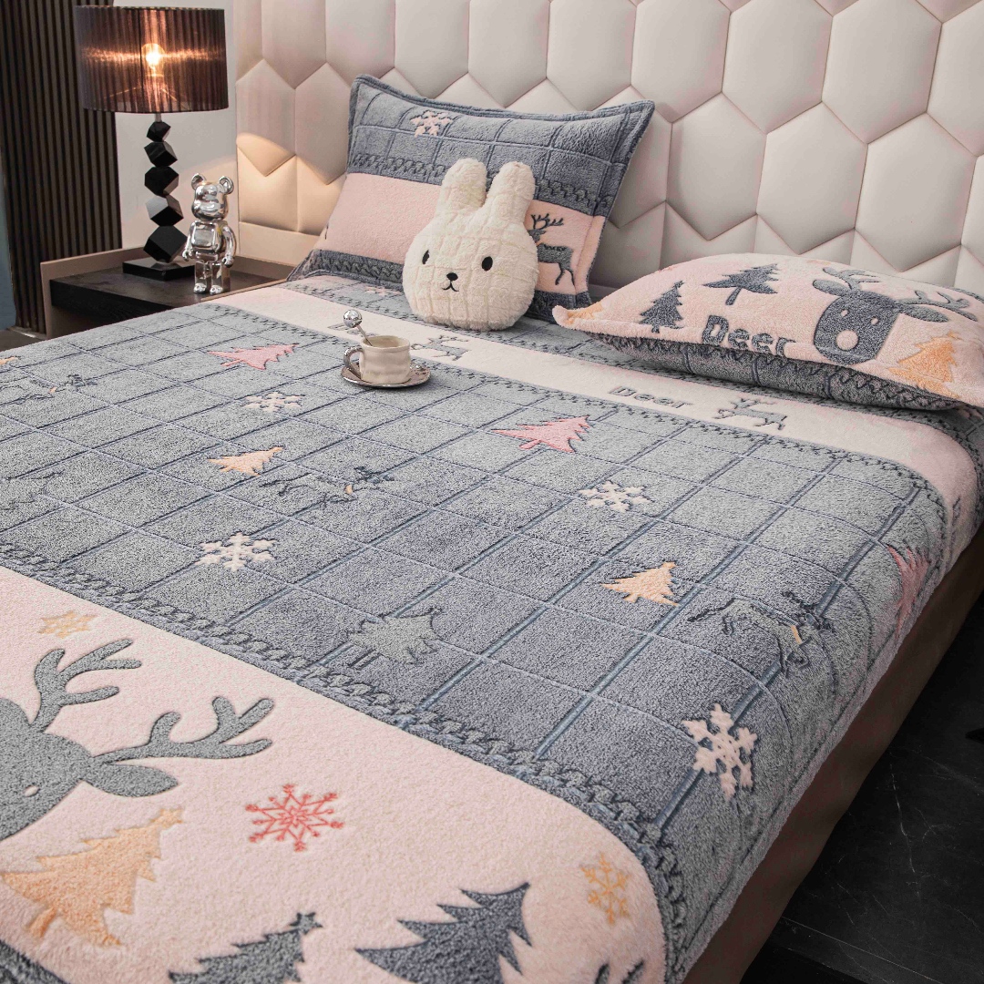 Cearsaf CoCoLiNo, JoJo Home, cu Elastic, 180x200x25cm, 2 fete de perne, 50x70cm, Gri, Alb, Reni, Fulgi de Nea - 1 | YEO