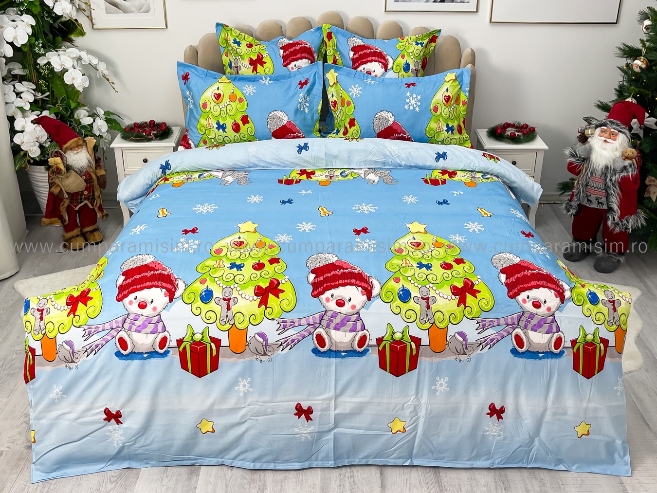 Lenjerie pat dublu,  FINET, 6 piese, Craciun, Jojo Home, Bleu-Multicolor, brazi, jucarii - 1 | YEO