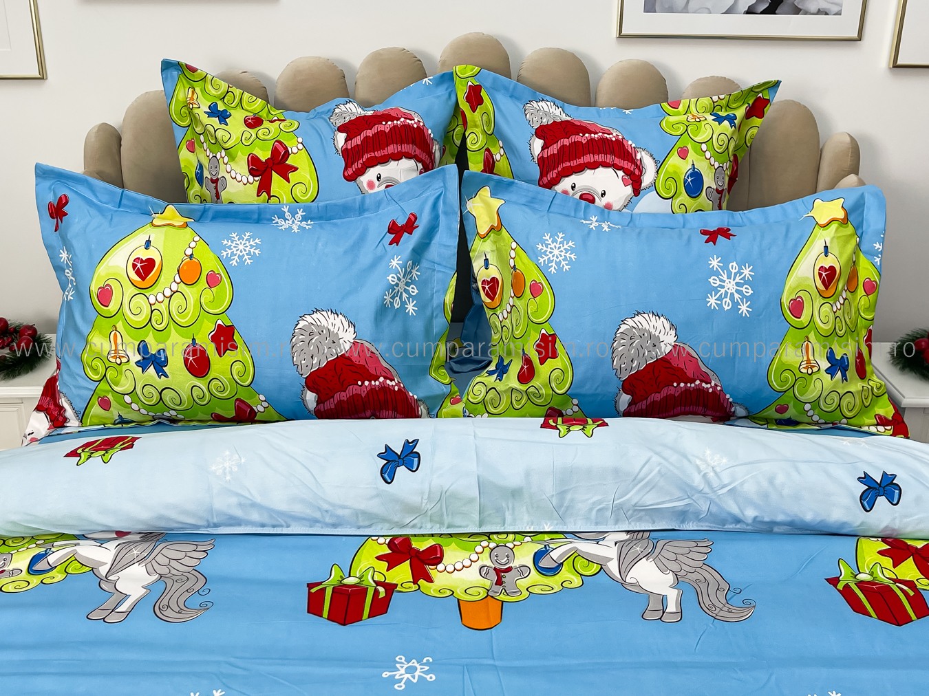 Lenjerie pat dublu,  FINET, 6 piese, Craciun, Jojo Home, Bleu-Multicolor, brazi, jucarii - 3 | YEO