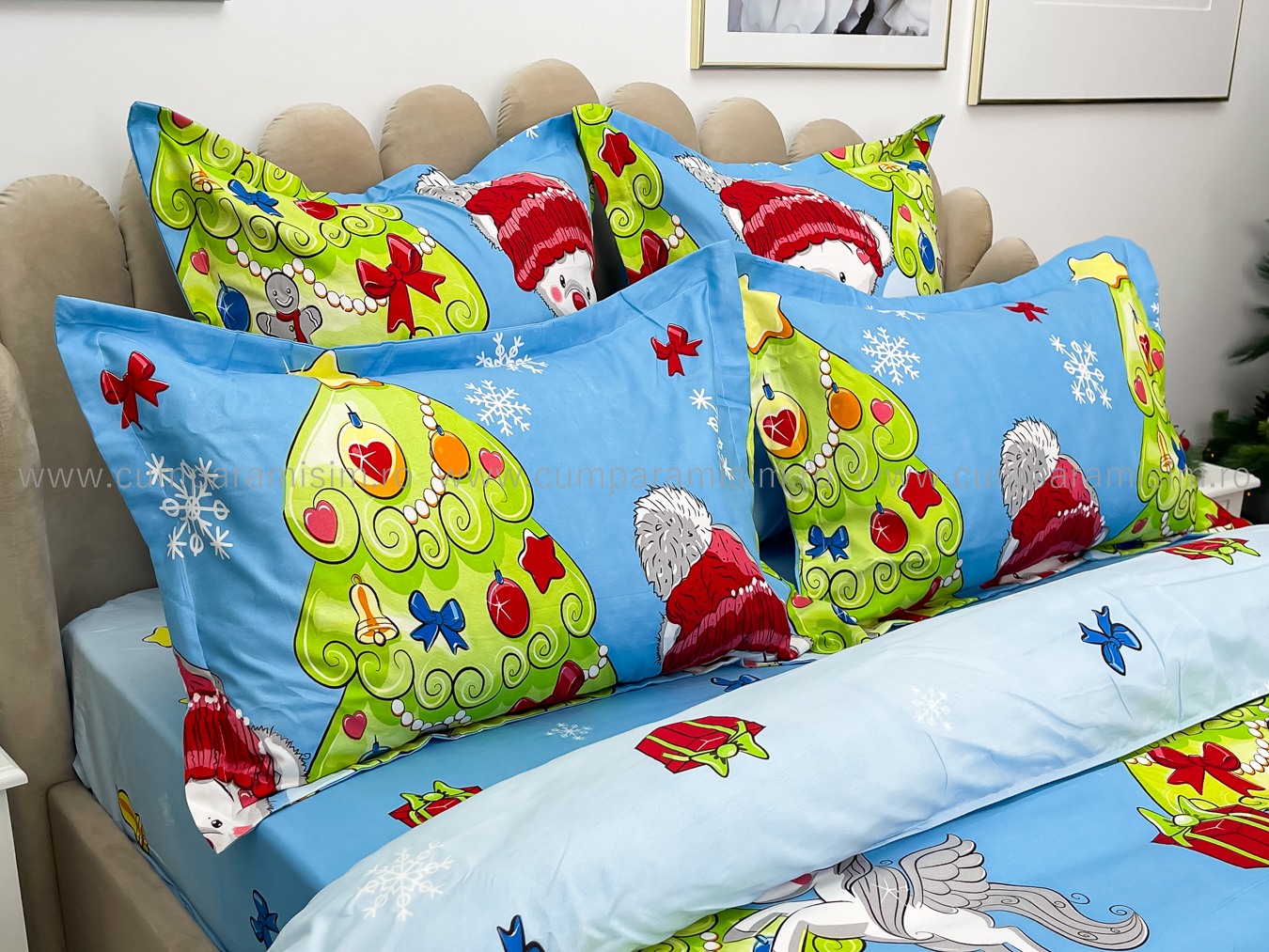 Lenjerie pat dublu,  FINET, 6 piese, Craciun, Jojo Home, Bleu-Multicolor, brazi, jucarii - 4 | YEO