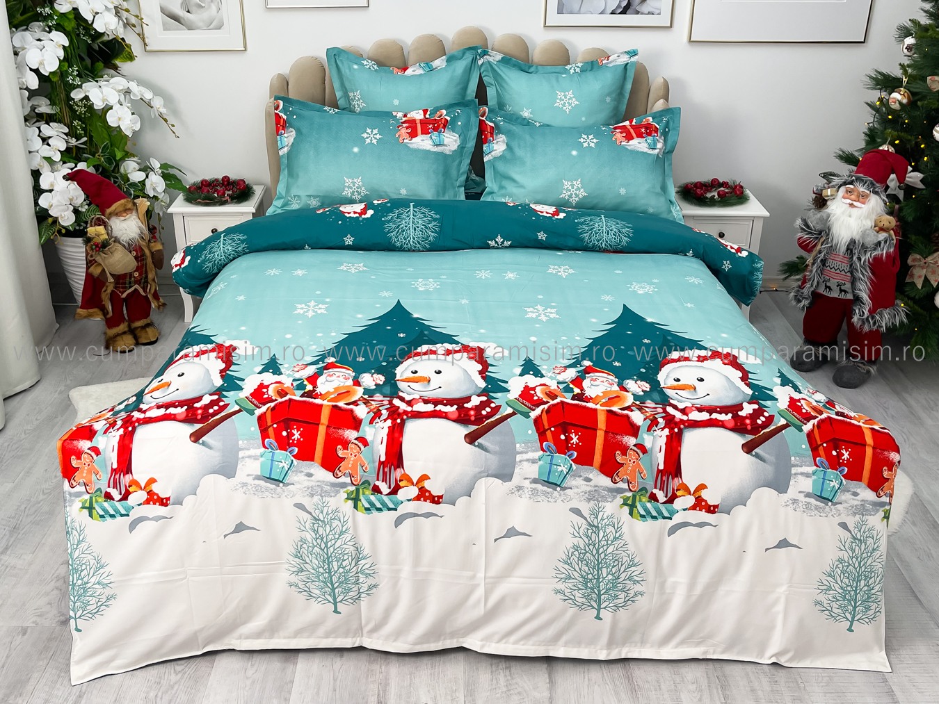 Lenjerie pat dublu,  FINET, 6 piese, Craciun, Jojo Home, Bleu-Multicolor, oameni de zapada, brazi, Mos Craciun - 1 | YEO