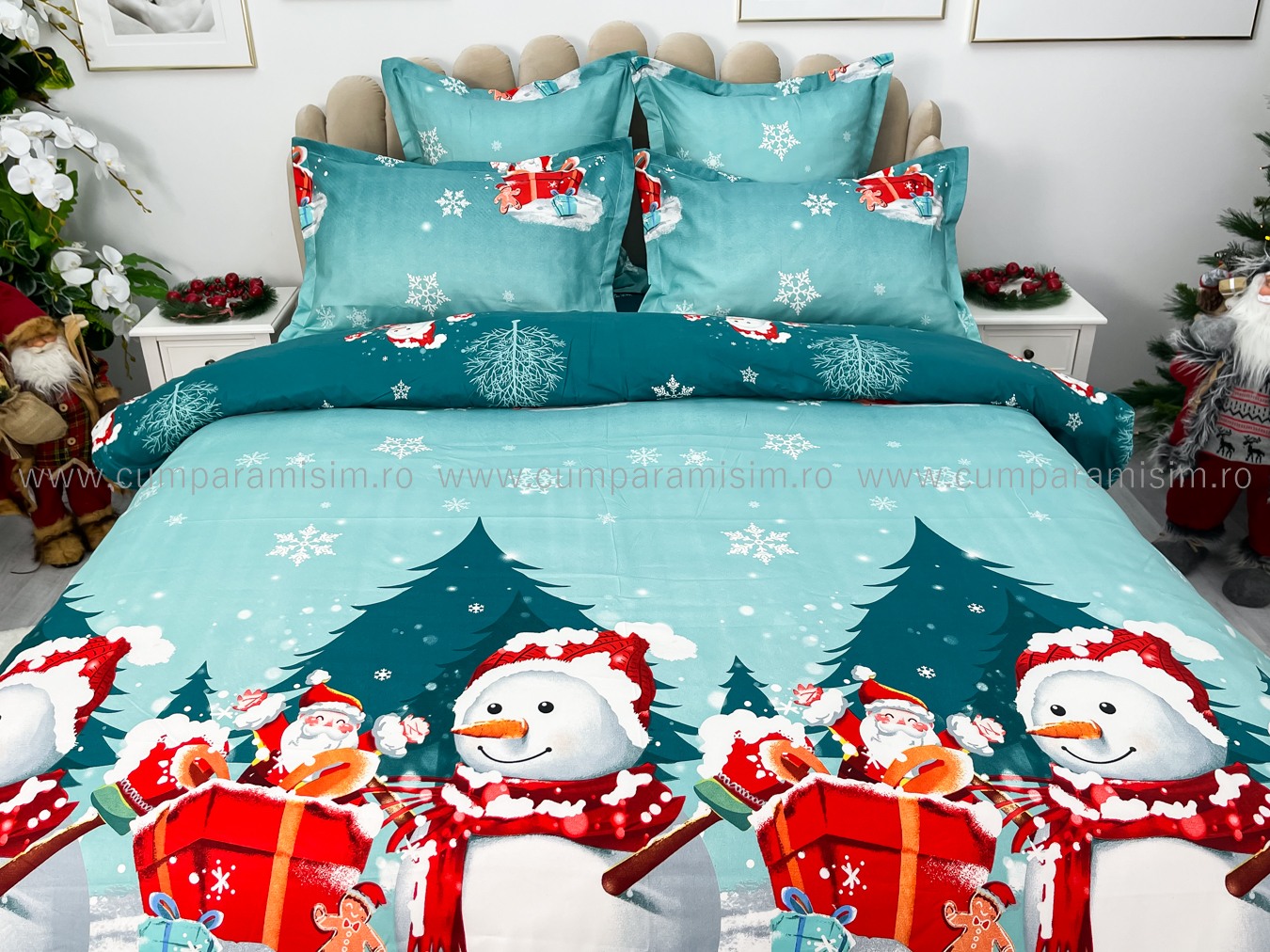 Lenjerie pat dublu,  FINET, 6 piese, Craciun, Jojo Home, Bleu-Multicolor, oameni de zapada, brazi, Mos Craciun - 2 | YEO