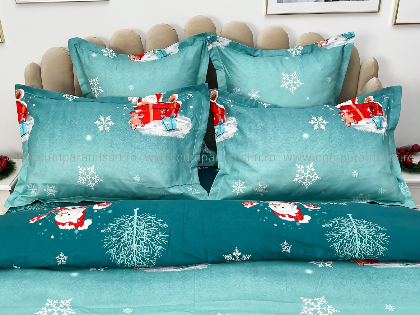 Lenjerie pat dublu,  FINET, 6 piese, Craciun, Jojo Home, Bleu-Multicolor, oameni de zapada, brazi, Mos Craciun - 3 | YEO