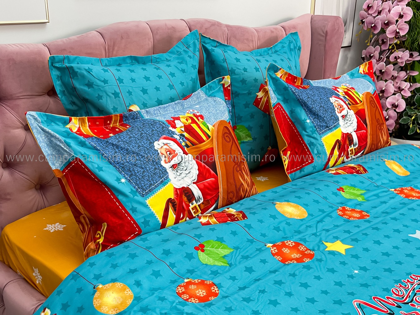 Lenjerie pat dublu,  FINET, 6 piese, Craciun, Jojo Home, Bleu-Multicolor, sania lui Mos Craciun - 4 | YEO