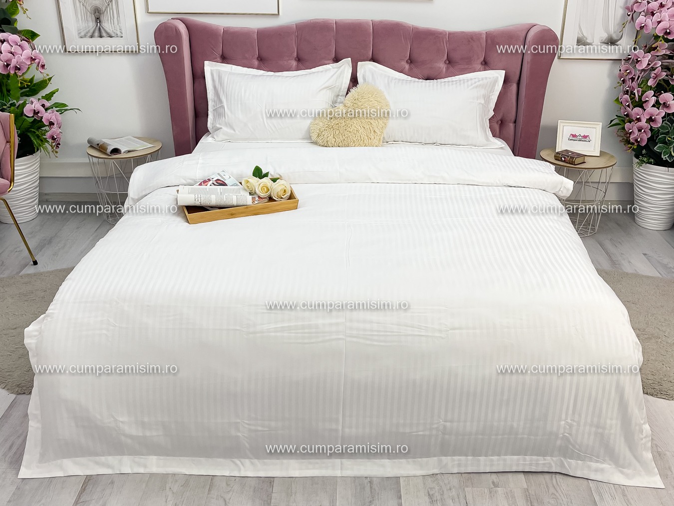 Lenjerie HoReCa, pat dublu, Damasc Finetat Deluxe cu Elastic, 4 piese, Alb - 1 | YEO