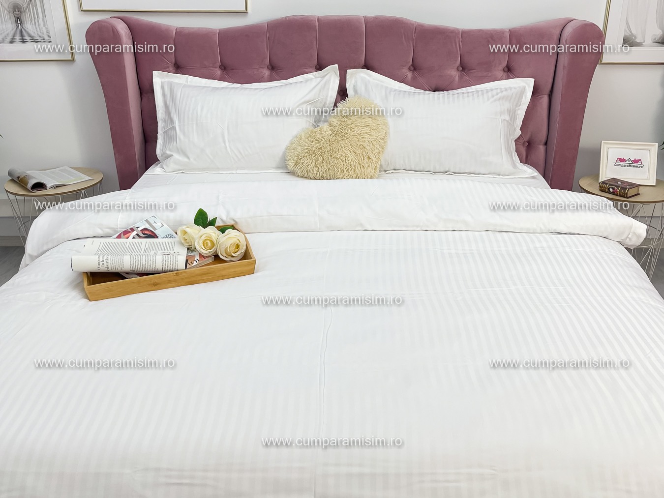 Lenjerie HoReCa, pat dublu, Damasc Finetat Deluxe cu Elastic, 4 piese, Alb - 2 | YEO