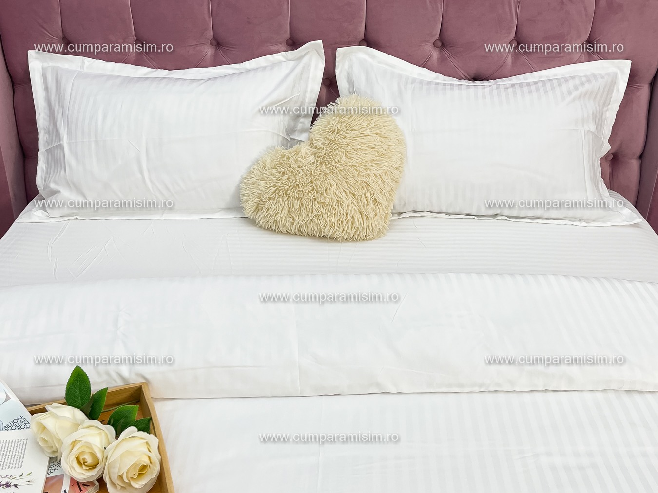 Lenjerie HoReCa, pat dublu, Damasc Finetat Deluxe cu Elastic, 4 piese, Alb - 3 | YEO