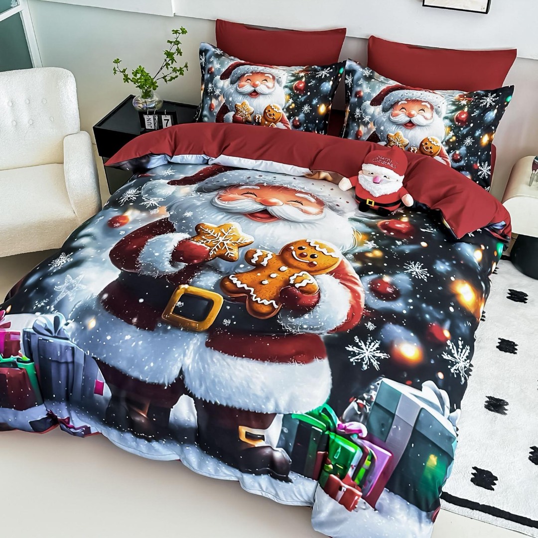 Lenjerie pat dublu, FINET, Imprimeu Digital 5D - Identic cu poza, Cu ELASTIC, 6 piese, Jojo Home, Alb, Rosu, Mos Craciun cu Turta Dulce - 1 | YEO