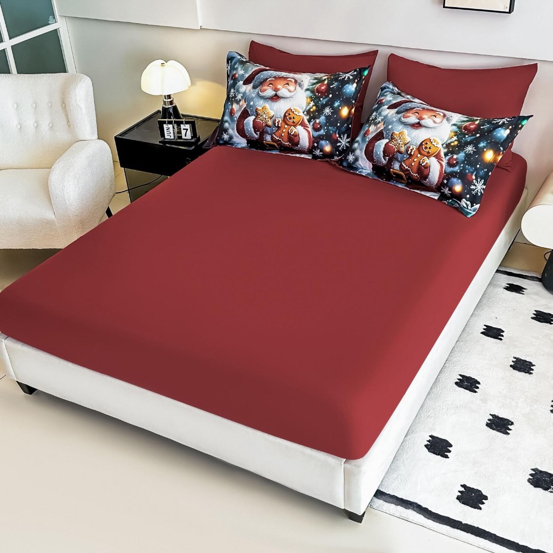 Lenjerie pat dublu, FINET, Imprimeu Digital 5D - Identic cu poza, Cu ELASTIC, 6 piese, Jojo Home, Alb, Rosu, Mos Craciun cu Turta Dulce - 3 | YEO