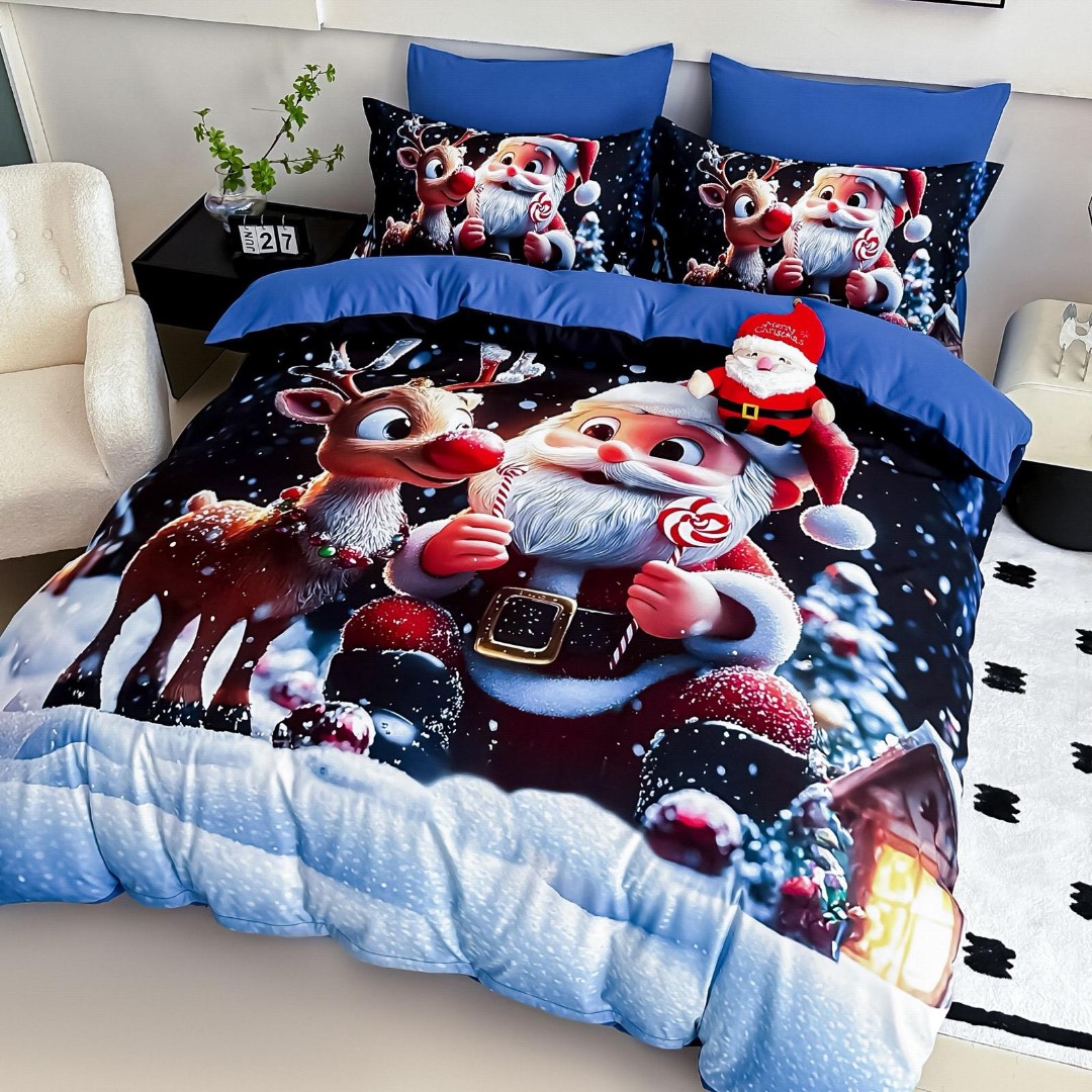 Lenjerie pat dublu, FINET, Imprimeu Digital 5D - Identic cu poza, Cu ELASTIC, 6 piese, Jojo Home, Bleumarin, Bleu, Mos Craciun si Rudolph - 1 | YEO