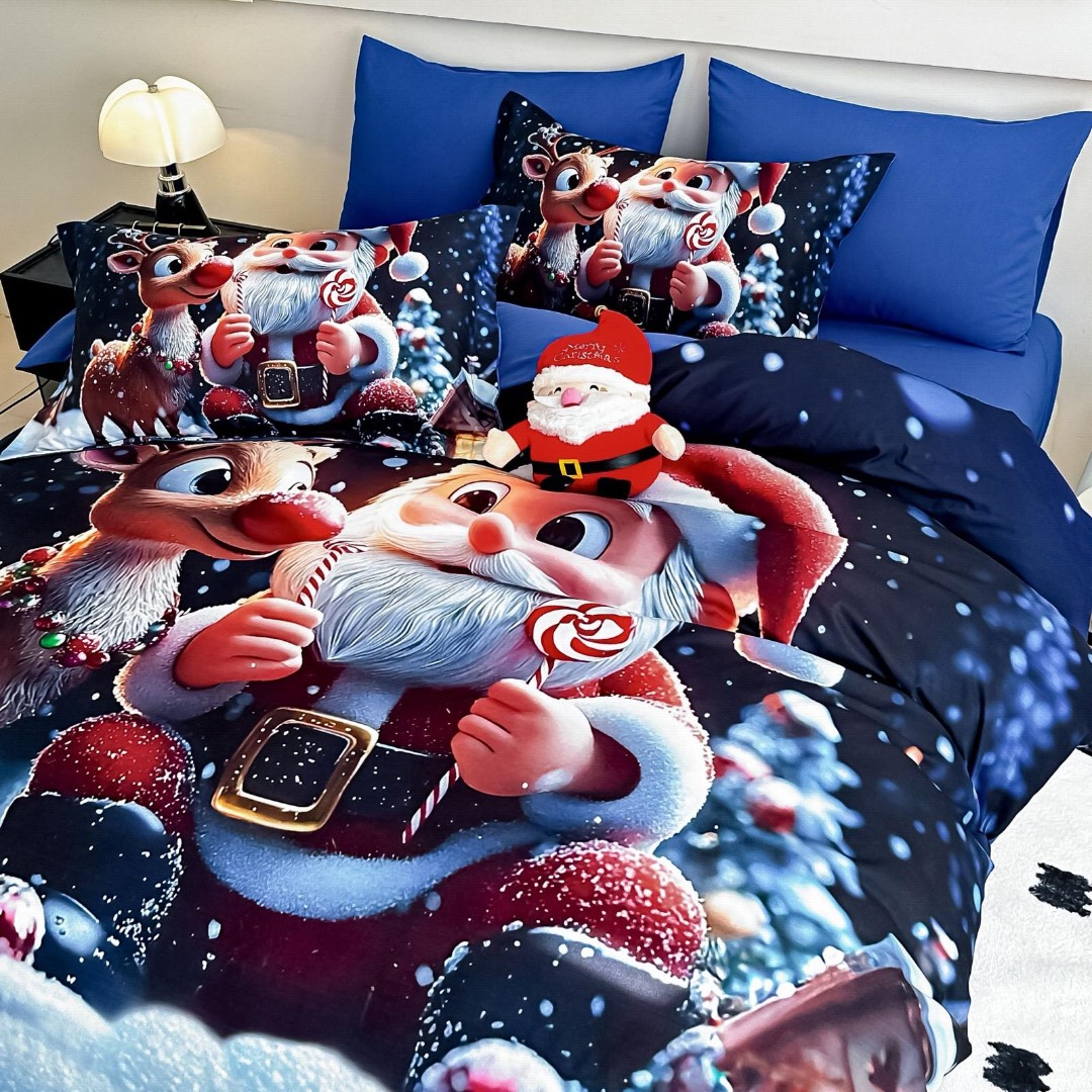 Lenjerie pat dublu, FINET, Imprimeu Digital 5D - Identic cu poza, Cu ELASTIC, 6 piese, Jojo Home, Bleumarin, Bleu, Mos Craciun si Rudolph - 2 | YEO