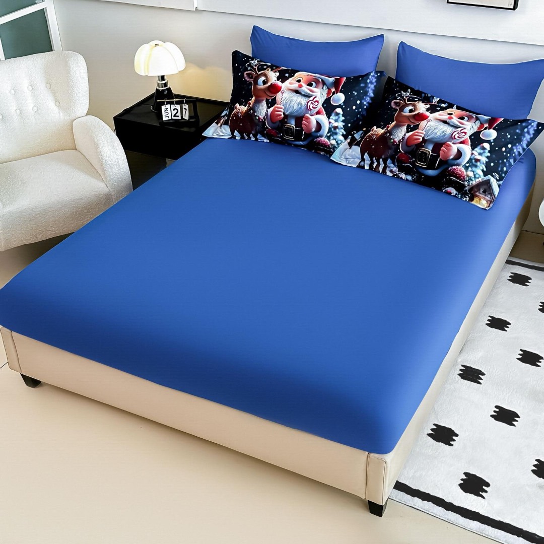 Lenjerie pat dublu, FINET, Imprimeu Digital 5D - Identic cu poza, Cu ELASTIC, 6 piese, Jojo Home, Bleumarin, Bleu, Mos Craciun si Rudolph - 3 | YEO