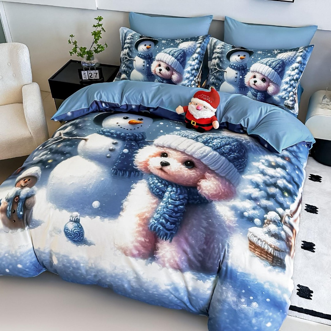Lenjerie pat dublu, FINET, Imprimeu Digital 5D - Identic cu poza, Cu ELASTIC, 6 piese, Jojo Home, Bleu, Om de Zapada - 1 | YEO