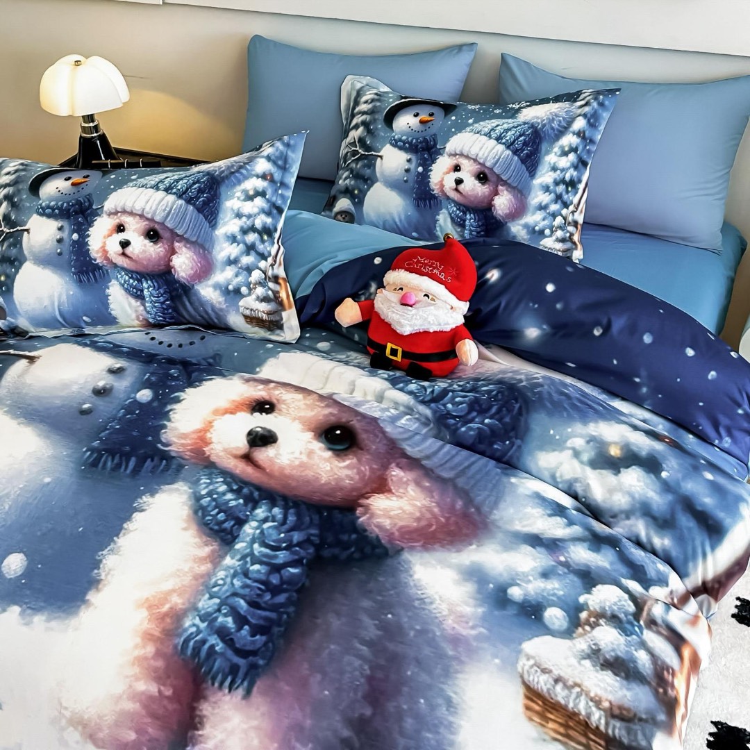 Lenjerie pat dublu, FINET, Imprimeu Digital 5D - Identic cu poza, Cu ELASTIC, 6 piese, Jojo Home, Bleu, Om de Zapada - 2 | YEO