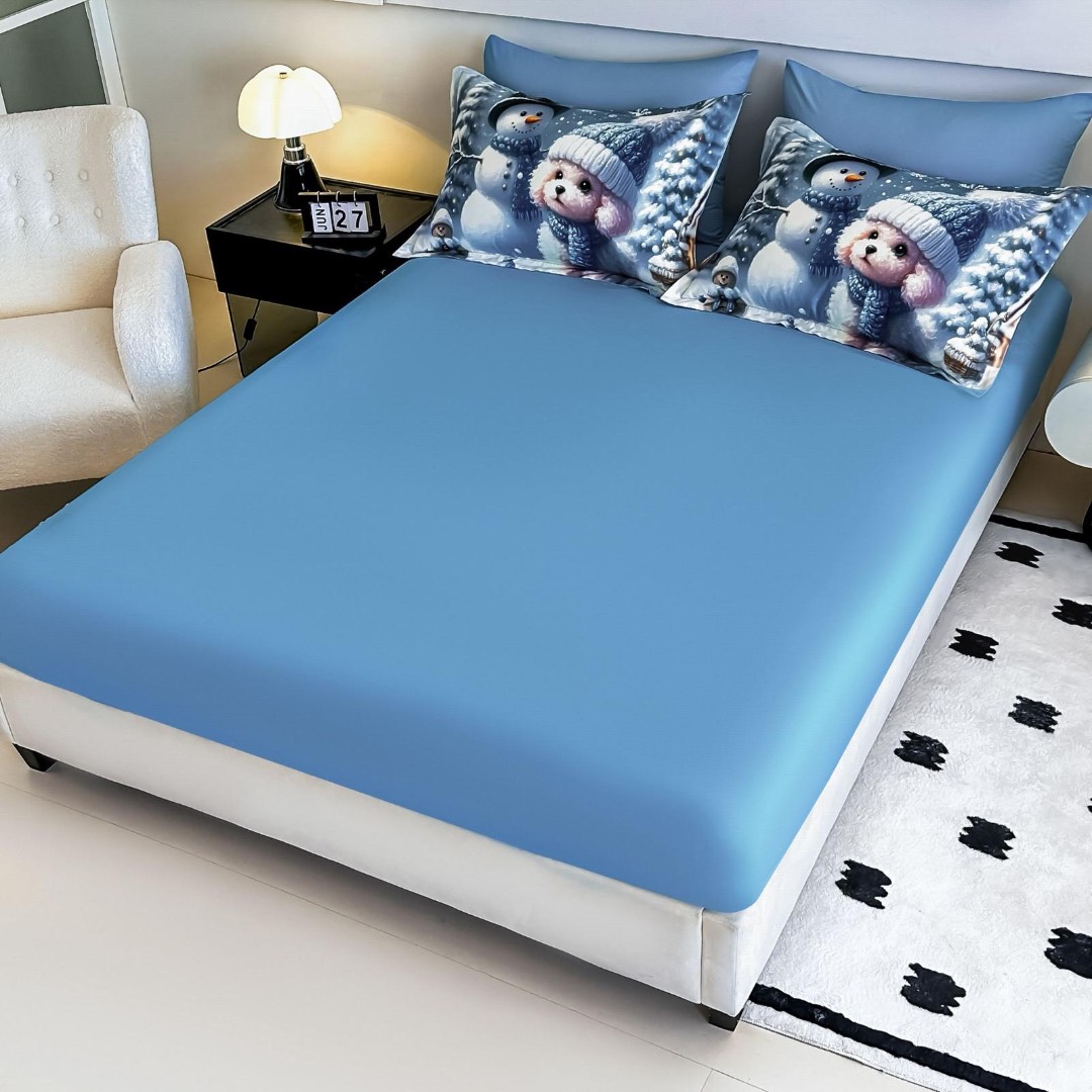 Lenjerie pat dublu, FINET, Imprimeu Digital 5D - Identic cu poza, Cu ELASTIC, 6 piese, Jojo Home, Bleu, Om de Zapada - 3 | YEO