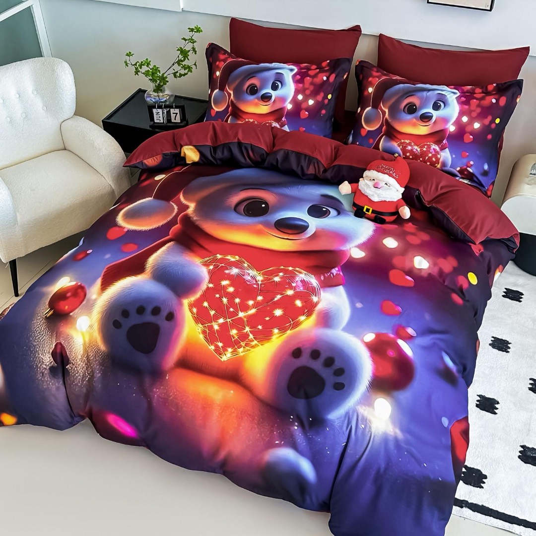 Lenjerie pat dublu, FINET, Imprimeu Digital 5D - Identic cu poza, Cu ELASTIC, 6 piese, Jojo Home, Bleumarin, Rosu, Ursulet Polar cu Inimioara Luminata - 1 | YEO