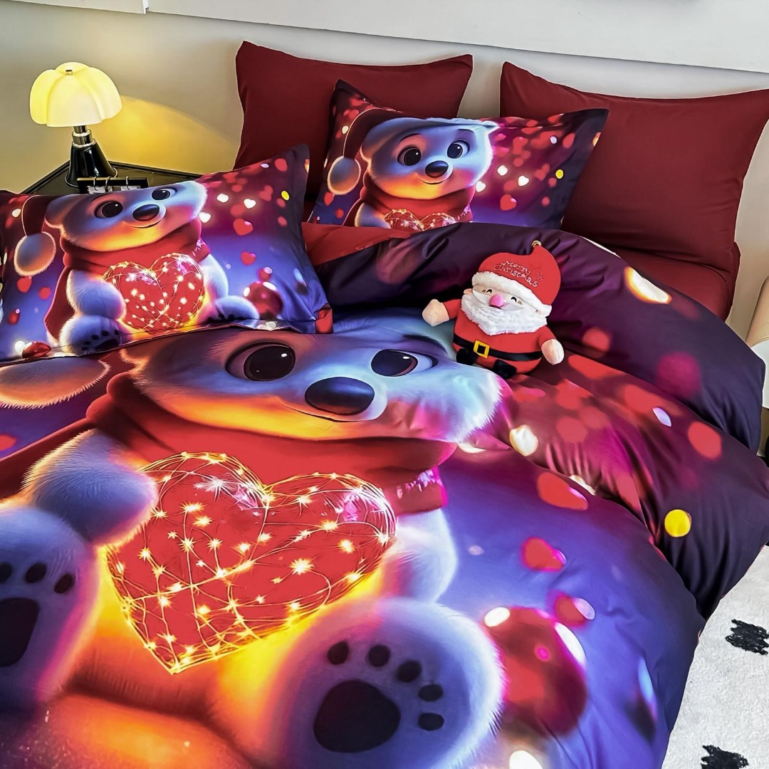 Lenjerie pat dublu, FINET, Imprimeu Digital 5D - Identic cu poza, Cu ELASTIC, 6 piese, Jojo Home, Bleumarin, Rosu, Ursulet Polar cu Inimioara Luminata - 2 | YEO