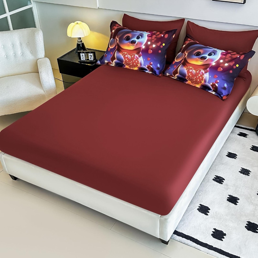 Lenjerie pat dublu, FINET, Imprimeu Digital 5D - Identic cu poza, Cu ELASTIC, 6 piese, Jojo Home, Bleumarin, Rosu, Ursulet Polar cu Inimioara Luminata - 3 | YEO