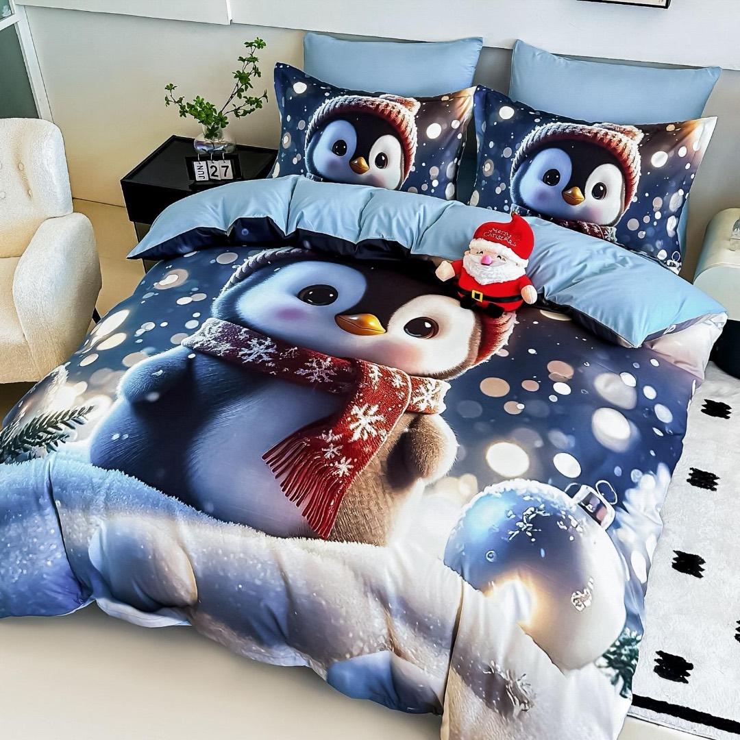 Lenjerie pat dublu, FINET, Imprimeu Digital 5D - Identic cu poza, Cu ELASTIC, 6 piese, Jojo Home, Alb, Albastru, Pinguin - 1 | YEO