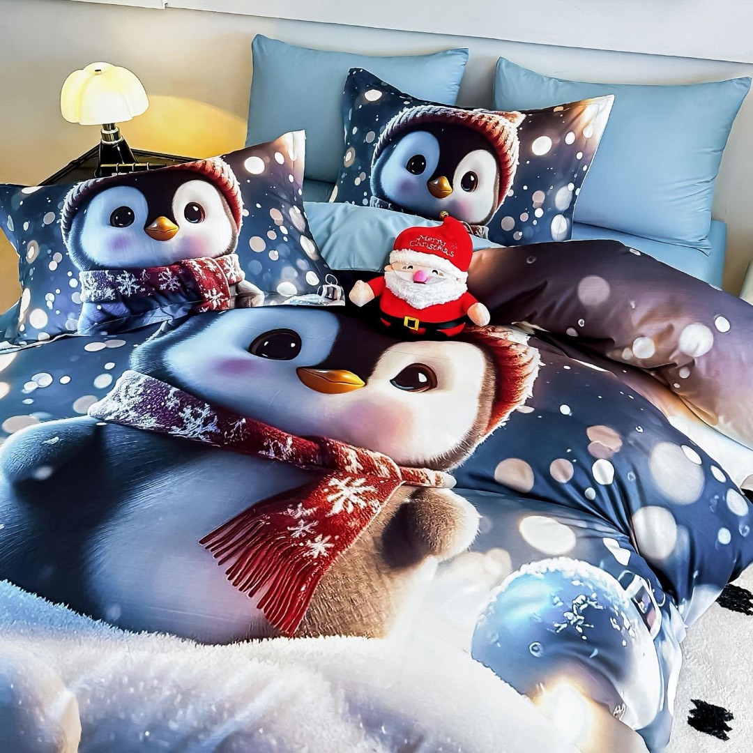Lenjerie pat dublu, FINET, Imprimeu Digital 5D - Identic cu poza, Cu ELASTIC, 6 piese, Jojo Home, Alb, Albastru, Pinguin - 2 | YEO