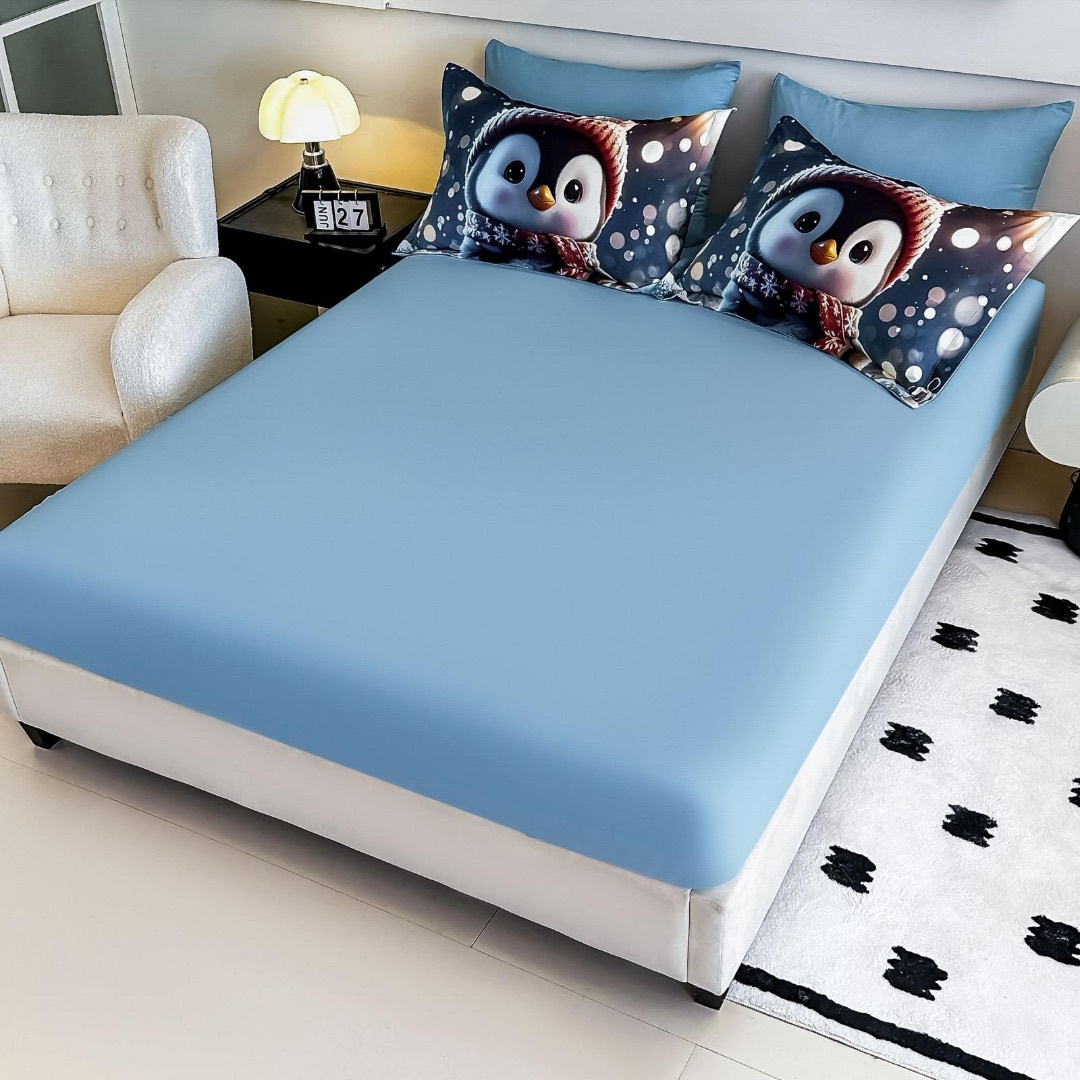 Lenjerie pat dublu, FINET, Imprimeu Digital 5D - Identic cu poza, Cu ELASTIC, 6 piese, Jojo Home, Alb, Albastru, Pinguin - 3 | YEO