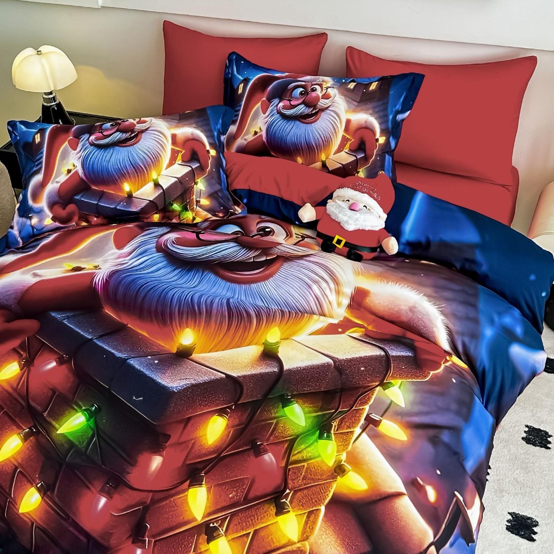 Lenjerie pat dublu, FINET, Imprimeu Digital 5D - Identic cu poza, Cu ELASTIC, 6 piese, Jojo Home, Bleumarin, Rosu, Mos Craciun pe Horn - 2 | YEO